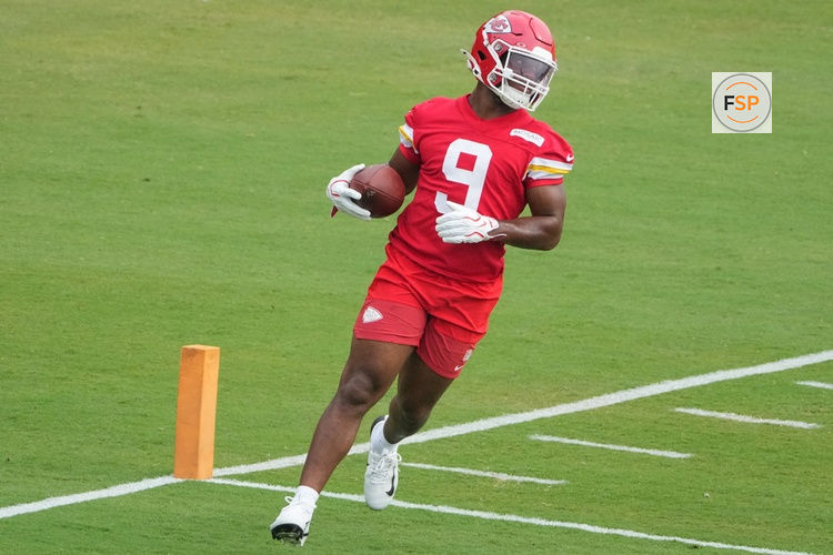 Jul 29, 2026; St. Joseph, MO, USA; Kansas City Chiefs running back Kenneth Walker (9) runs the ball during training camp at Missouri Western State University. Credit: Denny Medley-Imagn Images