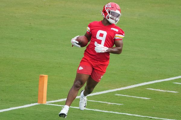 Jul 29, 2026; St. Joseph, MO, USA; Kansas City Chiefs running back Kenneth Walker (9) runs the ball during training camp at Missouri Western State University. Mandatory Credit: Denny Medley-Imagn Images