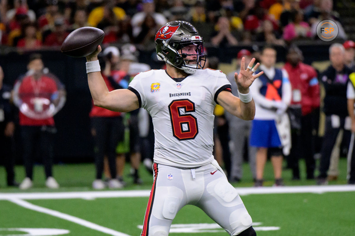 Oct 13, 2024; New Orleans, Louisiana, USA; Tampa Bay Buccaneers quarterback Baker Mayfield (6) throws during the first half of a game against the New Orleans Saints at Caesars Superdome. Credit: Matthew Hinton-Imagn Images