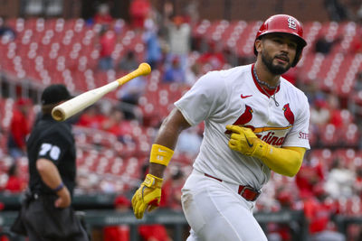 Apr 2, 2025; St. Louis, Missouri, USA;  St. Louis Cardinals catcher Ivan Herrera (48) tosses his bat after hitting a two run home run for his second home run of the game against the Los Angeles Angels during the sixth inning at Busch Stadium. Mandatory Credit: Jeff Curry-Imagn Images
