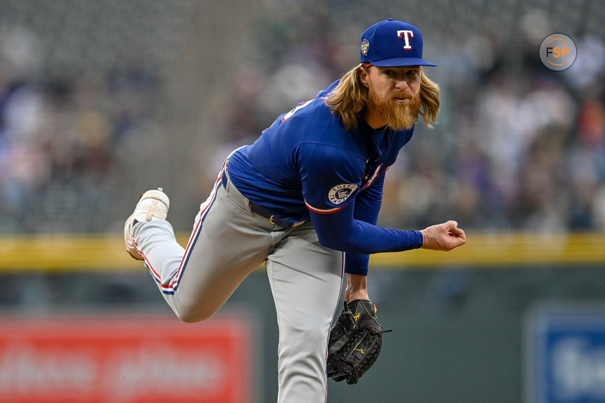 DENVER, CO - MAY 10: Texas Rangers pitcher Jon Gray (22) pitches in the first inning during a game between the Texas Rangers and the Colorado Rockies at Coors Field on May 10, 2024 in Denver, Colorado. (Photo by Dustin Bradford/Icon Sportswire)