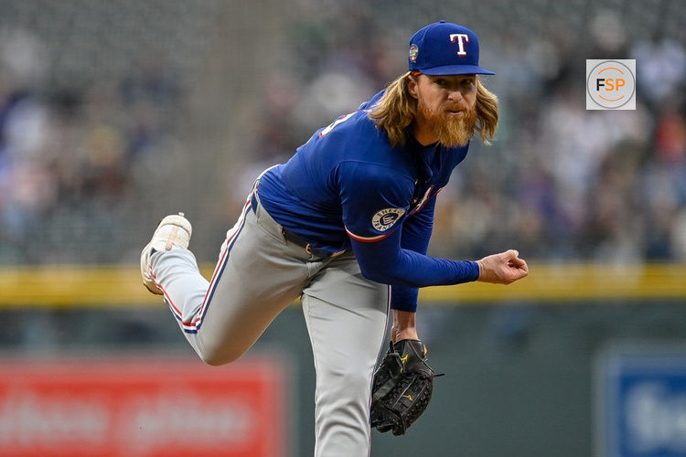 DENVER, CO - MAY 10: Texas Rangers pitcher Jon Gray (22) pitches in the first inning during a game between the Texas Rangers and the Colorado Rockies at Coors Field on May 10, 2024 in Denver, Colorado. (Photo by Dustin Bradford/Icon Sportswire)
