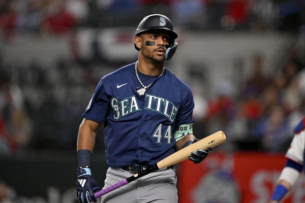 Apr 6, 2026; Arlington, Texas, USA; Seattle Mariners center fielder Julio Rodriguez (44) looks on during the game between the Rangers and the Mariners at Globe Life Field. Mandatory Credit: Jerome Miron-Imagn Images