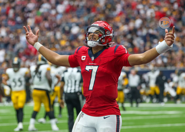 HOUSTON, TX - OCTOBER 01:  Houston Texans quarterback C.J. Stroud (7) signals in victory to fans following the Houston Texans wide receiver Nico Collins (12) touchdown in the fourth quarter during the NFL game between the Pittsburgh Steelers and Houston Texans on October 1, 2023 at NRG Stadium in Houston, Texas.  (Photo by Leslie Plaza Johnson/Icon Sportswire)