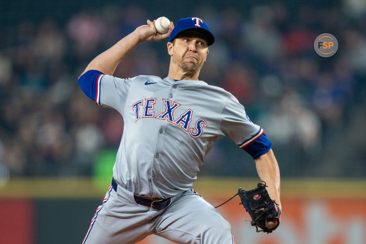 Sep 13, 2024; Seattle, Washington, USA;  Texas Rangers starter Jacob deGrom (48) delivers a pitch during the first inning against the Seattle Mariners at T-Mobile Park. Credit: Stephen Brashear-Imagn Images