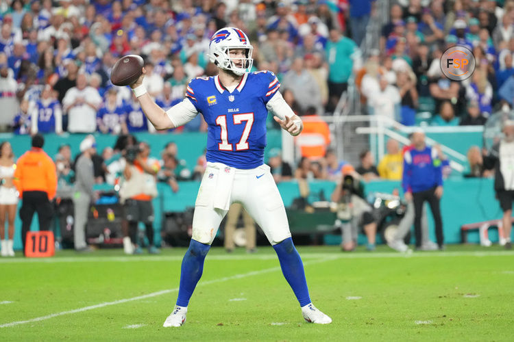 MIAMI GARDENS, FL - JANUARY 07: Buffalo Bills quarterback Josh Allen (17) makes a pass attempt during the game between the Buffalo Bills and the Miami Dolphins on Sunday, January 7, 2024 at Hard Rock Stadium, Miami Gardens, Fla. (Photo by Peter Joneleit/Icon Sportswire)