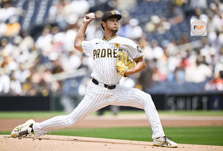 May 29, 2024; San Diego, California, USA; San Diego Padres pitcher Yu Darvish (11) pitches during the first inning against the Miami Marlins at Petco Park. Credit: Denis Poroy-USA TODAY Sports
