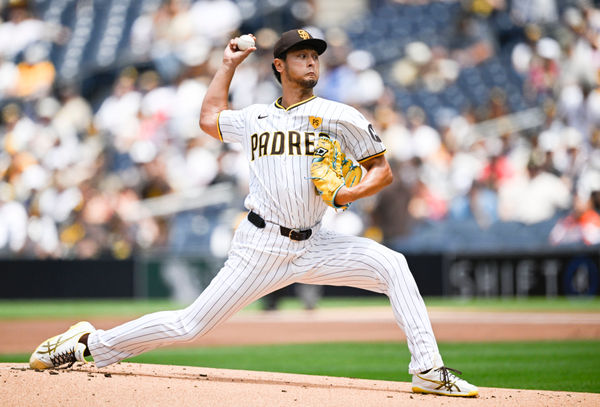 May 29, 2024; San Diego, California, USA; San Diego Padres pitcher Yu Darvish (11) pitches during the first inning against the Miami Marlins at Petco Park. Mandatory Credit: Denis Poroy-USA TODAY Sports