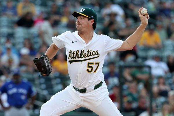 Jul 12, 2025; West Sacramento, California, USA; Athletics starting pitcher Jacob Lopez (57) throws a pitch against the Toronto Blue Jays during the first inning at Sutter Health Park. Mandatory Credit: Dennis Lee-Imagn Images