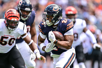 Aug 17, 2024; Chicago, Illinois, USA; Chicago Bears running back Khalil Herbert (24) runs the ball against the Cincinnati Bengals during the first quarter at Soldier Field. Mandatory Credit: Daniel Bartel-USA TODAY Sports