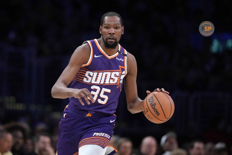 Mar 16, 2025; Los Angeles, California, USA; Phoenix Suns forward Kevin Durant (35) dribbles the ball against the Los Angeles Lakers in the second half at Crypto.com Arena. Credit: Kirby Lee-Imagn Images
