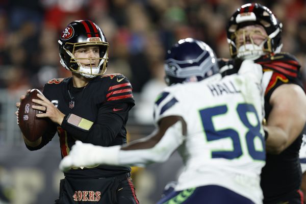 Jan 3, 2026; Santa Clara, California, USA; San Francisco 49ers quarterback Brock Purdy (13) drops back to pass against the Seattle Seahawks during the second half at Levi's Stadium. Mandatory Credit: Sergio Estrada-Imagn Images