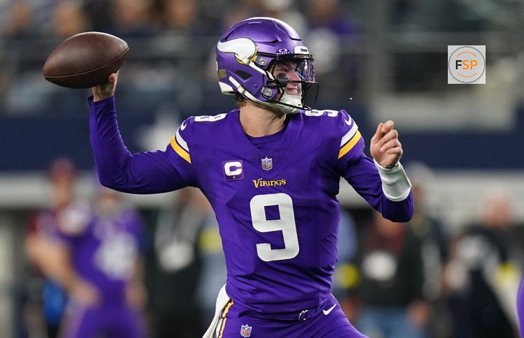 Dec 14, 2025; Arlington, Texas, USA; Minnesota Vikings quarterback J.J. McCarthy (9) throws during the first half against the Dallas Cowboys at AT&T Stadium. Credit: Raymond Carlin III-Imagn Images