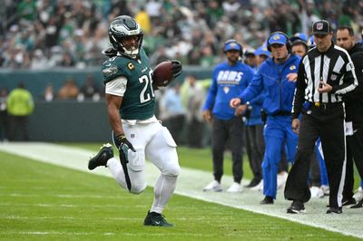 Oct 4, 2026; Philadelphia, Pennsylvania, USA;  Philadelphia Eagles running back Saquon Barkley (26) runs the ball against the Los Angeles Rams during the first quarter at Lincoln Financial Field.  Mandatory Credit: Eric Hartline-Imagn Images