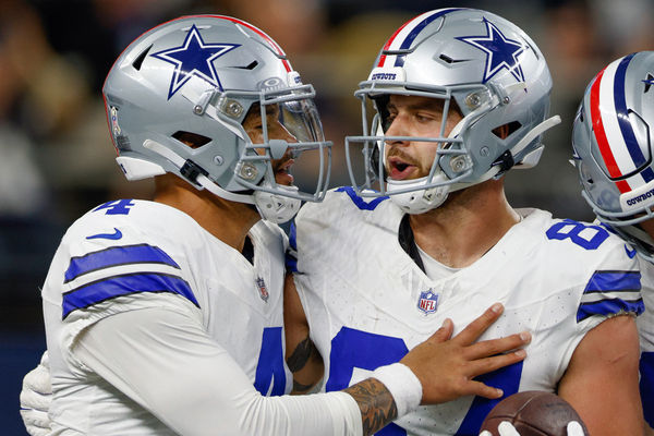 ARLINGTON, TX - NOVEMBER 12: Dallas Cowboys quarterback Dak Prescott (4) and tight end Jake Ferguson (87) celebrate after a touchdown during the game between the Dallas Cowboys and New York Giants on November 12, 2023 at AT&T Stadium in Arlington, TX. (Photo by Andrew Dieb/Icon Sportswire)