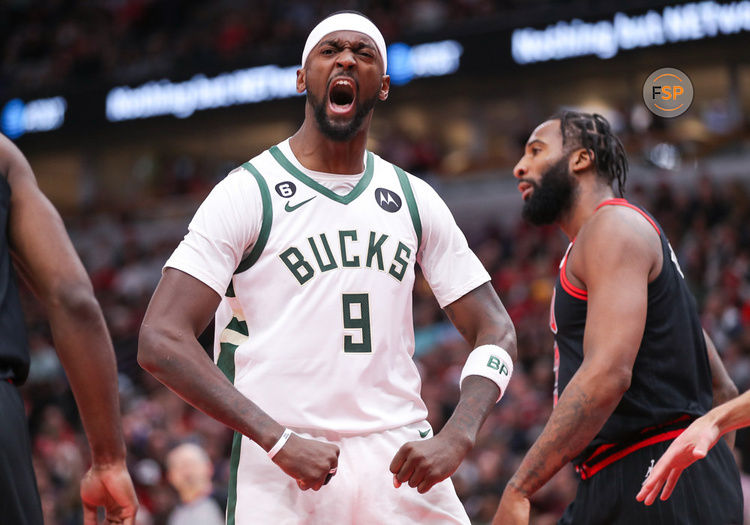 CHICAGO, IL - DECEMBER 28: Milwaukee Bucks Center Bobby Portis (9) reacts after a making shot during a NBA game between the Milwaukee  Bucks and the Chicago Bulls on December 28, 2022 at the United Center in Chicago, IL. (Photo by Melissa Tamez/Icon Sportswire)