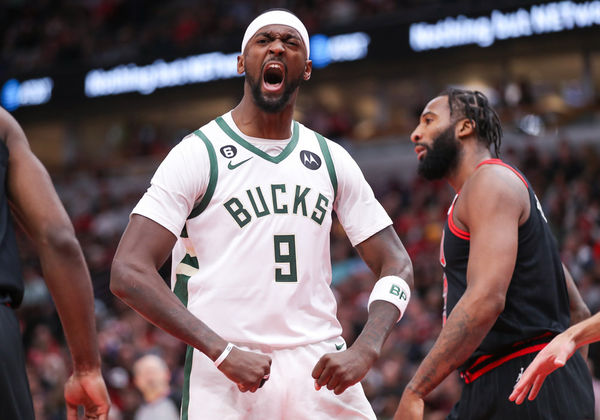 CHICAGO, IL - DECEMBER 28: Milwaukee Bucks Center Bobby Portis (9) reacts after a making shot during a NBA game between the Milwaukee  Bucks and the Chicago Bulls on December 28, 2022 at the United Center in Chicago, IL. (Photo by Melissa Tamez/Icon Sportswire)