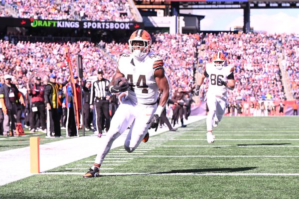 Oct 26, 2025; Foxborough, Massachusetts, USA;  Cleveland Browns tight end Harold Fannin Jr. (44) scores a touchdown  during the first quarter against the New England Patriots at Gillette Stadium. Mandatory Credit: Brian Fluharty-Imagn Images