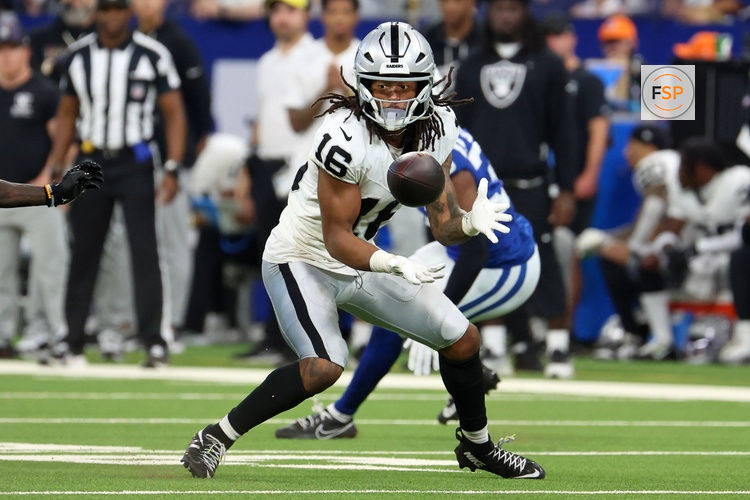 Oct 5, 2025; Indianapolis, Indiana, USA; Las Vegas Raiders wide receiver Jakobi Meyers (16) makes a catch against the Indianapolis Colts during the second half at Lucas Oil Stadium. Credit: Trevor Ruszkowski-Imagn Images