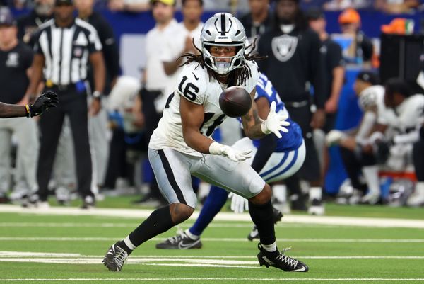 Oct 5, 2025; Indianapolis, Indiana, USA; Las Vegas Raiders wide receiver Jakobi Meyers (16) makes a catch against the Indianapolis Colts during the second half at Lucas Oil Stadium. Mandatory Credit: Trevor Ruszkowski-Imagn Images