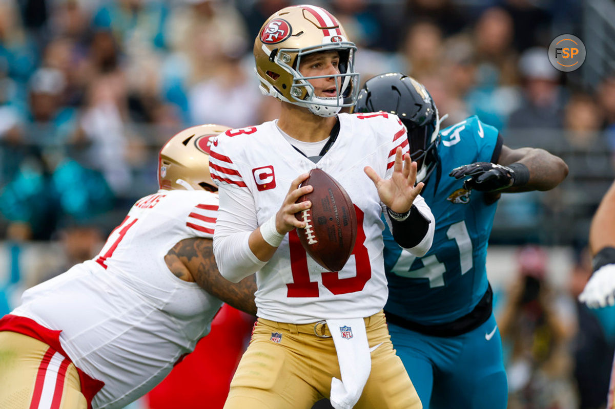 JACKSONVILLE, FL - NOVEMBER 12: San Francisco 49ers quarterback Brock Purdy (13) throws a pass during the game between the San Francisco 49ers and the Jacksonville Jaguars on November 12, 2023 at  EverBank Stadium in Jacksonville, Florida. (Photo by David Rosenblum/Icon Sportswire)