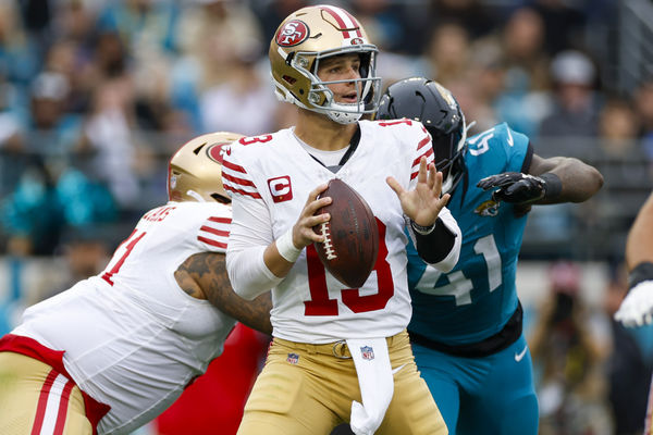 JACKSONVILLE, FL - NOVEMBER 12: San Francisco 49ers quarterback Brock Purdy (13) throws a pass during the game between the San Francisco 49ers and the Jacksonville Jaguars on November 12, 2023 at  EverBank Stadium in Jacksonville, Florida. (Photo by David Rosenblum/Icon Sportswire)