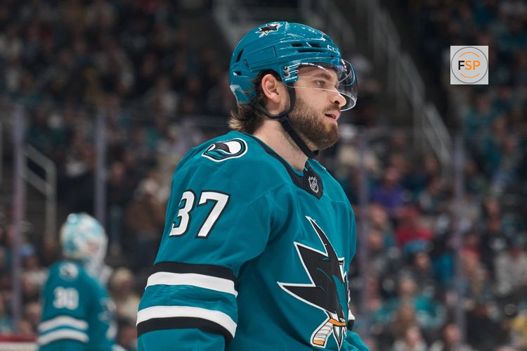 Jan 11, 2026; San Jose, California, USA; San Jose Sharks defenseman Timothy Liljegren (37) reacts after being called for a penalty against the Vegas Golden Knights during the first period at SAP Center at San Jose. Credit: Robert Edwards-Imagn Images