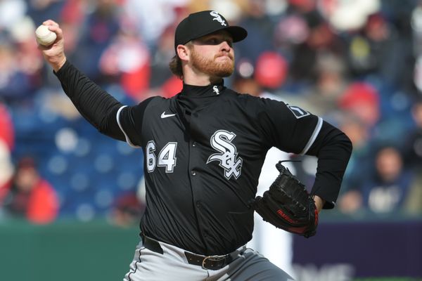 Apr 8, 2025; Cleveland, Ohio, USA; Chicago White Sox starting pitcher Shane Smith (64) throws a pitch during the first inning against the Cleveland Guardians at Progressive Field. Mandatory Credit: Ken Blaze-Imagn Images