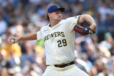 Jul 9, 2025; Milwaukee, Wisconsin, USA;  Milwaukee Brewers pitcher Trevor Megill (29) pitches during the tenth inning against the Los Angeles Dodgers at American Family Field. Mandatory Credit: Patrick Gorski-Imagn Images