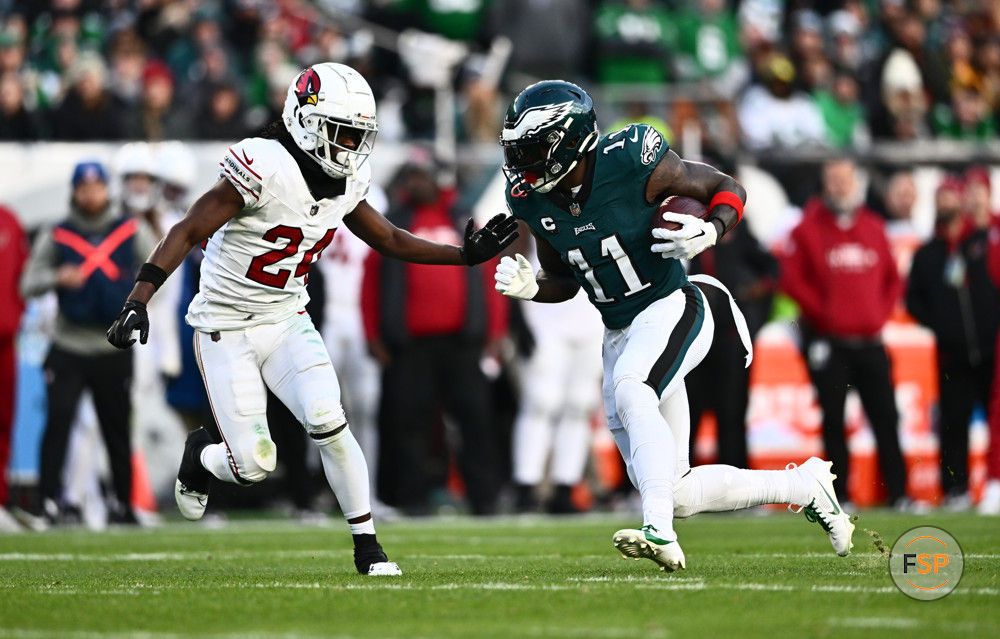 PHILADELPHIA, PA - DECEMBER 31: Philadelphia Eagles Wide Receiver A.J. Brown (11) makes a reception against Arizona Cardinals Cornerback Starling Thomas V (24) in the second half during the game between the Arizona Cardinals and Philadelphia Eagles on December 31, 2023 at Lincoln Financial Field in Philadelphia, PA. (Photo by Kyle Ross/Icon Sportswire)