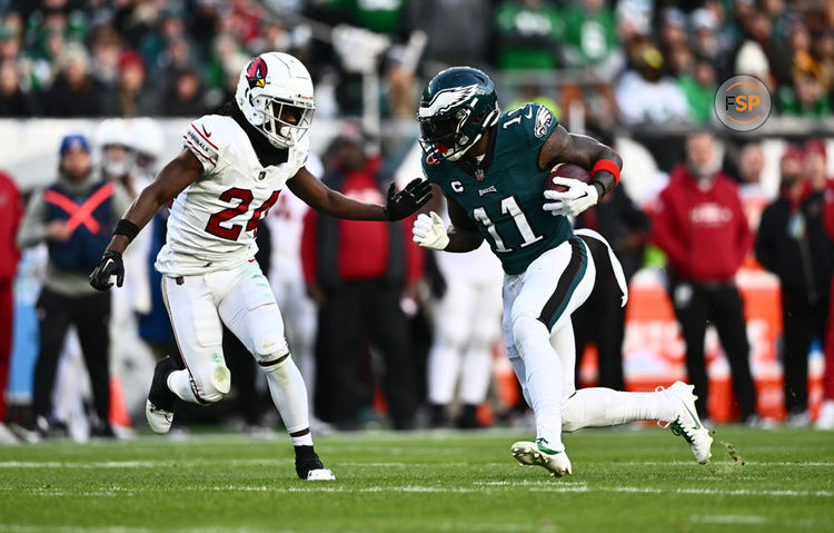 PHILADELPHIA, PA - DECEMBER 31: Philadelphia Eagles Wide Receiver A.J. Brown (11) makes a reception against Arizona Cardinals Cornerback Starling Thomas V (24) in the second half during the game between the Arizona Cardinals and Philadelphia Eagles on December 31, 2023 at Lincoln Financial Field in Philadelphia, PA. (Photo by Kyle Ross/Icon Sportswire)