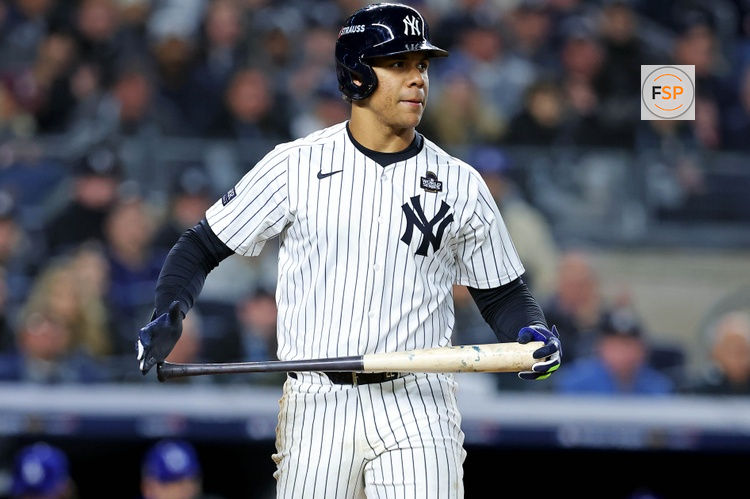 Oct 28, 2024; New York, New York, USA; New York Yankees outfielder Juan Soto (22) walks during the sixth inning against the Los Angeles Dodgers in game three of the 2024 MLB World Series at Yankee Stadium. Credit: Brad Penner-Imagn Images
