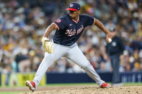 Jun 24, 2025; San Diego, California, USA; Washington Nationals relief pitcher Jose A. Ferrer (47) throws a pitch during the seventh inning against the San Diego Padres at Petco Park. Mandatory Credit: David Frerker-Imagn Images