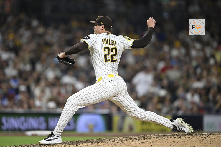 Jun 23, 2026; San Diego, California, USA; San Diego Padres pitcher Mason Miller (22) delivers during the ninth inning against the Atlanta Braves at Petco Park. Credit: Denis Poroy-Imagn Images