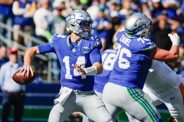 Oct 5, 2025; Seattle, Washington, USA; Seattle Seahawks quarterback Sam Darnold (14) stands in the pocket against the Tampa Bay Buccaneers during the first half at Lumen Field. Mandatory Credit: Joe Nicholson-Imagn Images
