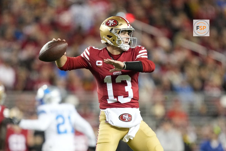 December 30, 2024; Santa Clara, California, USA; San Francisco 49ers quarterback Brock Purdy (13) passes the football against the Detroit Lions during the first quarter at Levi's Stadium. Credit: Kyle Terada-Imagn Images