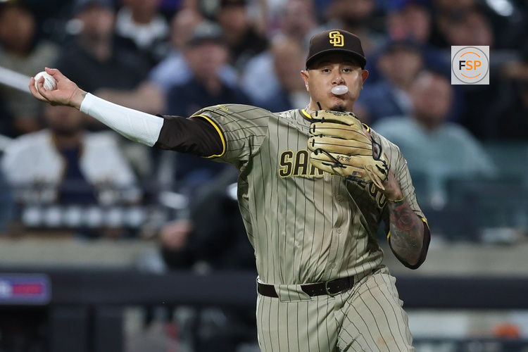 Sep 17, 2025; New York City, New York, USA; San Diego Padres third baseman Manny Machado (13) throws the ball to first base for an out during the ninth inning against the New York Mets at Citi Field. Credit: Vincent Carchietta-Imagn Images