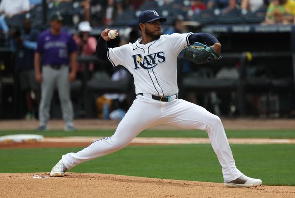 Mar 30, 2025; Tampa, Florida, USA; Tampa Bay Rays starting pitcher Taj Bradley (45) throws a pitch during the first inning against the Colorado Rockies at George M. Steinbrenner Field. Mandatory Credit: Kim Klement Neitzel-Imagn Images