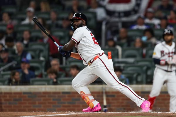 Mar 28, 2026; Cumberland, Georgia, USA; Atlanta Braves center fielder Michael Harris II (23) hits a double against the Kansas City Royals in the fifth inning at Truist Park. Mandatory Credit: Mady Mertens-Imagn Images
