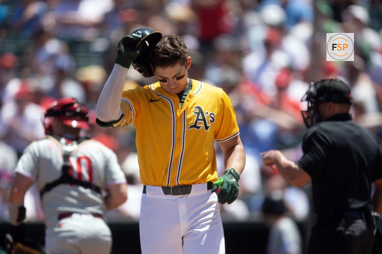 May 25, 2025; West Sacramento, California, USA; Athletics left fielder Tyler Soderstrom (21) reacts to striking out against the Philadelphia Phillies during the second inning at Sutter Health Park. Credit: D. Ross Cameron-Imagn Images