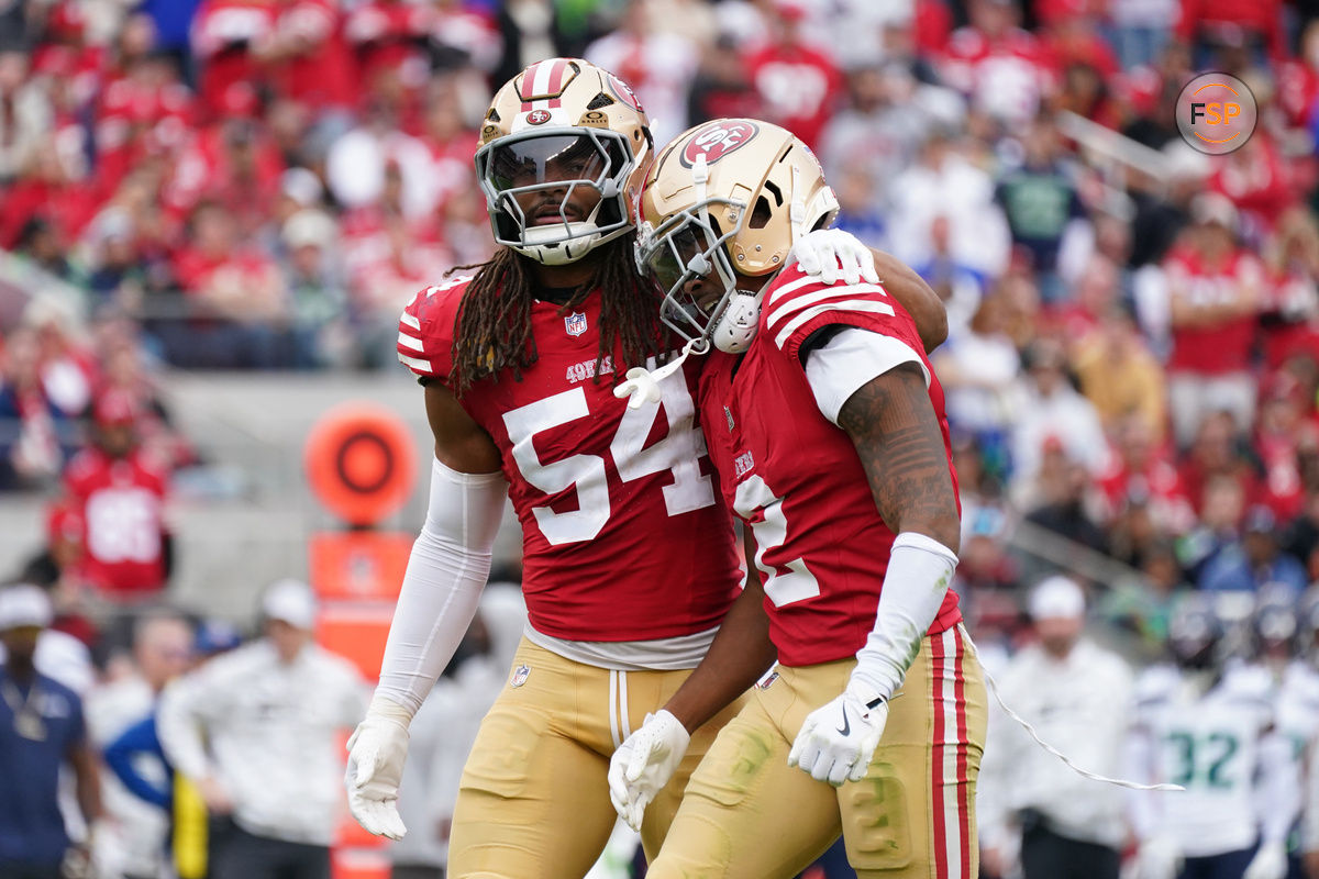 Nov 17, 2024; Santa Clara, California, USA; San Francisco 49ers linebacker Fred Warner (54) calms down San Francisco 49ers cornerback Deommodore Lenoir (2) after offsetting penalties against the Seattle Seahawks in the second quarter at Levi's Stadium. Credit: David Gonzales-Imagn Images