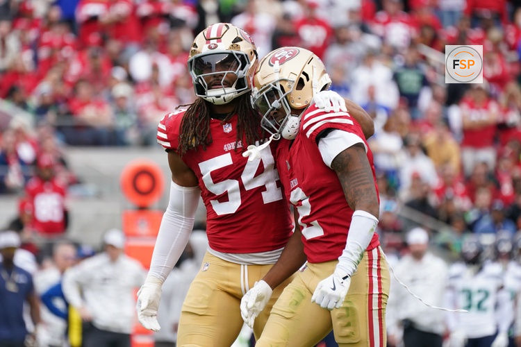 Nov 17, 2024; Santa Clara, California, USA; San Francisco 49ers linebacker Fred Warner (54) calms down San Francisco 49ers cornerback Deommodore Lenoir (2) after offsetting penalties against the Seattle Seahawks in the second quarter at Levi's Stadium. Credit: David Gonzales-Imagn Images