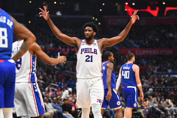 LOS ANGELES, CA - JANUARY 17: Philadelphia 76ers Center Joel Embiid (21) celebrates a three pointer right before the end of the first half of a NBA game between the Philadelphia 76ers and the Los Angeles Clippers on January 17, 2023 at Crypto.com Arena in Los Angeles, CA. (Photo by Brian Rothmuller/Icon Sportswire)