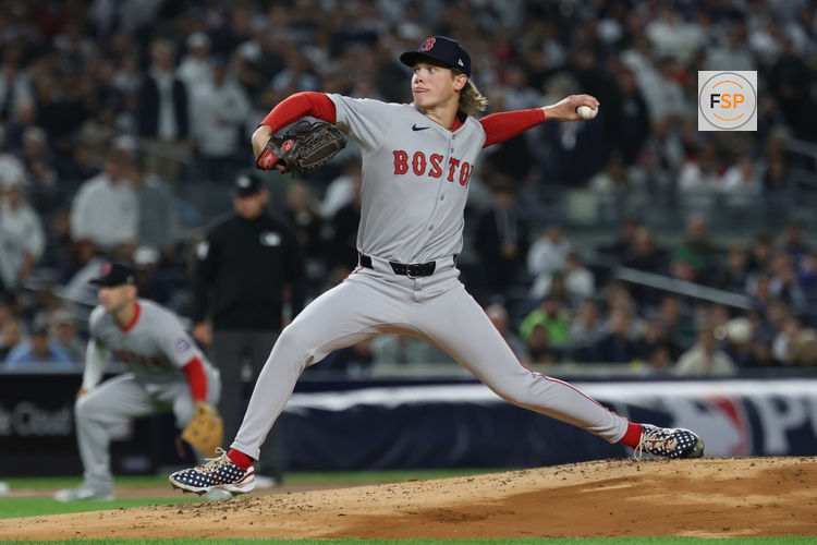 Oct 2, 2025; Bronx, New York, USA; Boston Red Sox starting pitcher Connelly Early (71) throws to the plate in the first inning against the New York Yankees during game three of the Wildcard round for the 2025 MLB playoffs at Yankee Stadium. Credit: Vincent Carchietta-Imagn Images