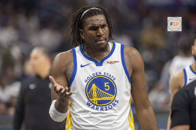 LOS ANGELES, CA - DECEMBER 02: Golden State Warriors center Kevon Looney (5) reacts in the first half of an NBA basketball game between the Golden State Warriors and Los Angeles Clippers, Saturday, December 2, 2023, at Crypto.com Arena in Los Angeles, California. (Photo by Tony Ding/Icon Sportswire)