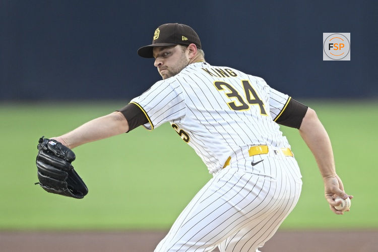 May 18, 2026; San Diego, California, USA; San Diego Padres pitcher Michael King (34) throws a pitch during the first inning against the Los Angeles Dodgers at Petco Park. Credit: Denis Poroy-Imagn Images
