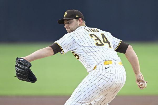May 18, 2026; San Diego, California, USA; San Diego Padres pitcher Michael King (34) throws a pitch during the first inning against the Los Angeles Dodgers at Petco Park. Mandatory Credit: Denis Poroy-Imagn Images
