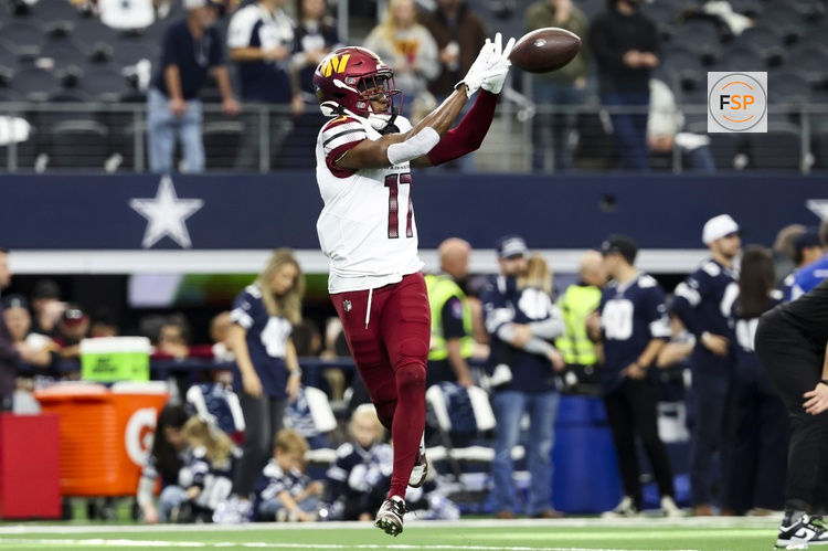 Jan 5, 2025; Arlington, Texas, USA;  Washington Commanders wide receiver Terry McLaurin (17) warms up before the game against the Dallas Cowboys at AT&T Stadium. Credit: Kevin Jairaj-Imagn Images
