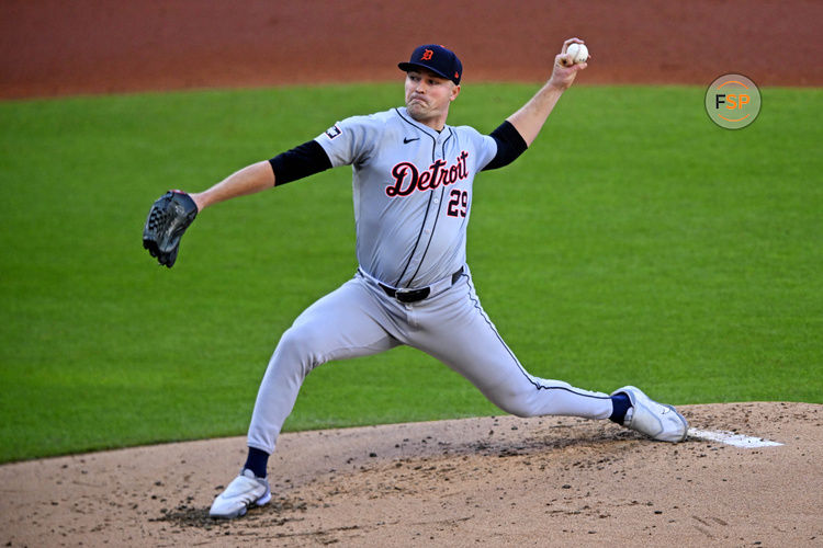 Oct 7, 2024; Cleveland, Ohio, USA; Detroit Tigers pitcher Tarik Skubal (29) pitches during the second inning against the Cleveland Guardians during game two of the ALDS for the 2024 MLB Playoffs at Progressive Field. Credit: David Richard-Imagn Images