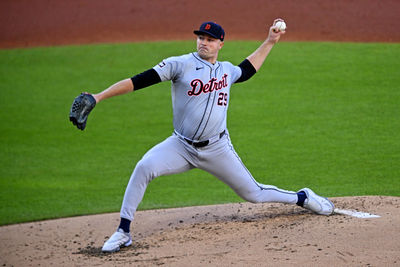 Oct 7, 2024; Cleveland, Ohio, USA; Detroit Tigers pitcher Tarik Skubal (29) pitches during the second inning against the Cleveland Guardians during game two of the ALDS for the 2024 MLB Playoffs at Progressive Field. Mandatory Credit: David Richard-Imagn Images